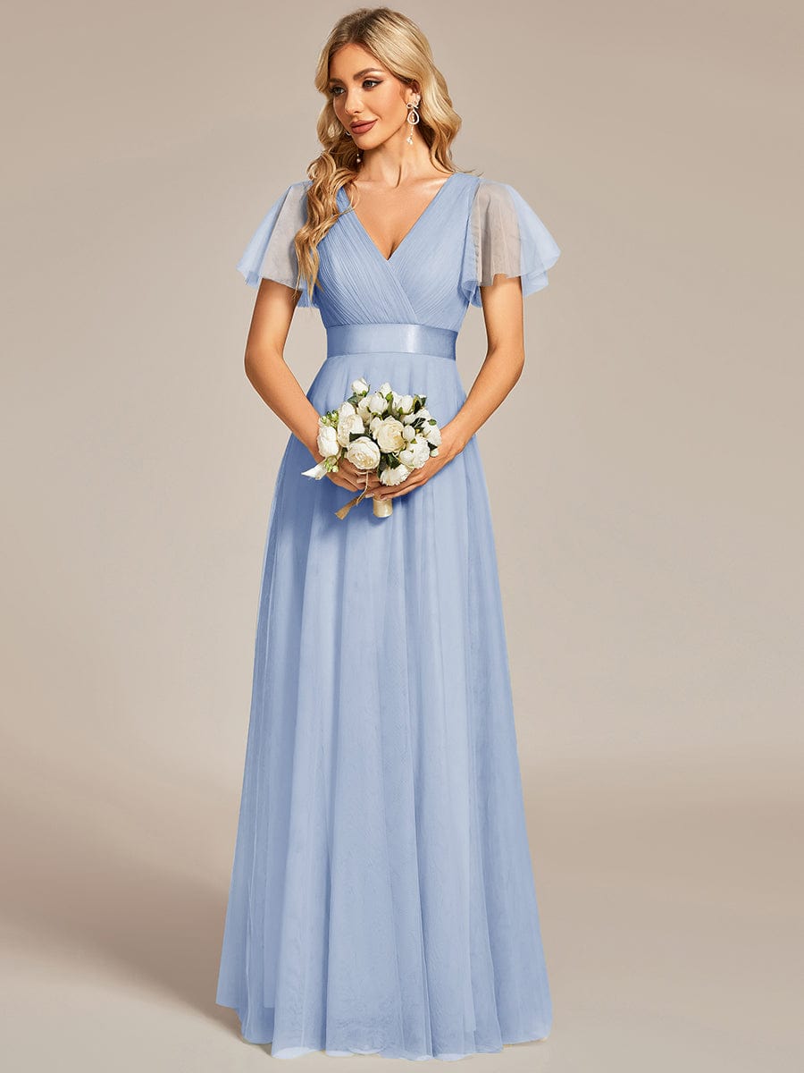 Robe D'invité De Mariage En Mousseline De Soie Mi-Longue Plissée à Manches à Volants Et Col En V #Couleur_Bleu Glace