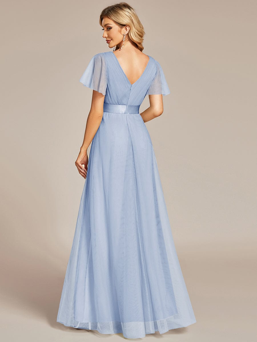Robe D'invité De Mariage En Mousseline De Soie Mi-Longue Plissée à Manches à Volants Et Col En V #Couleur_Bleu Glace