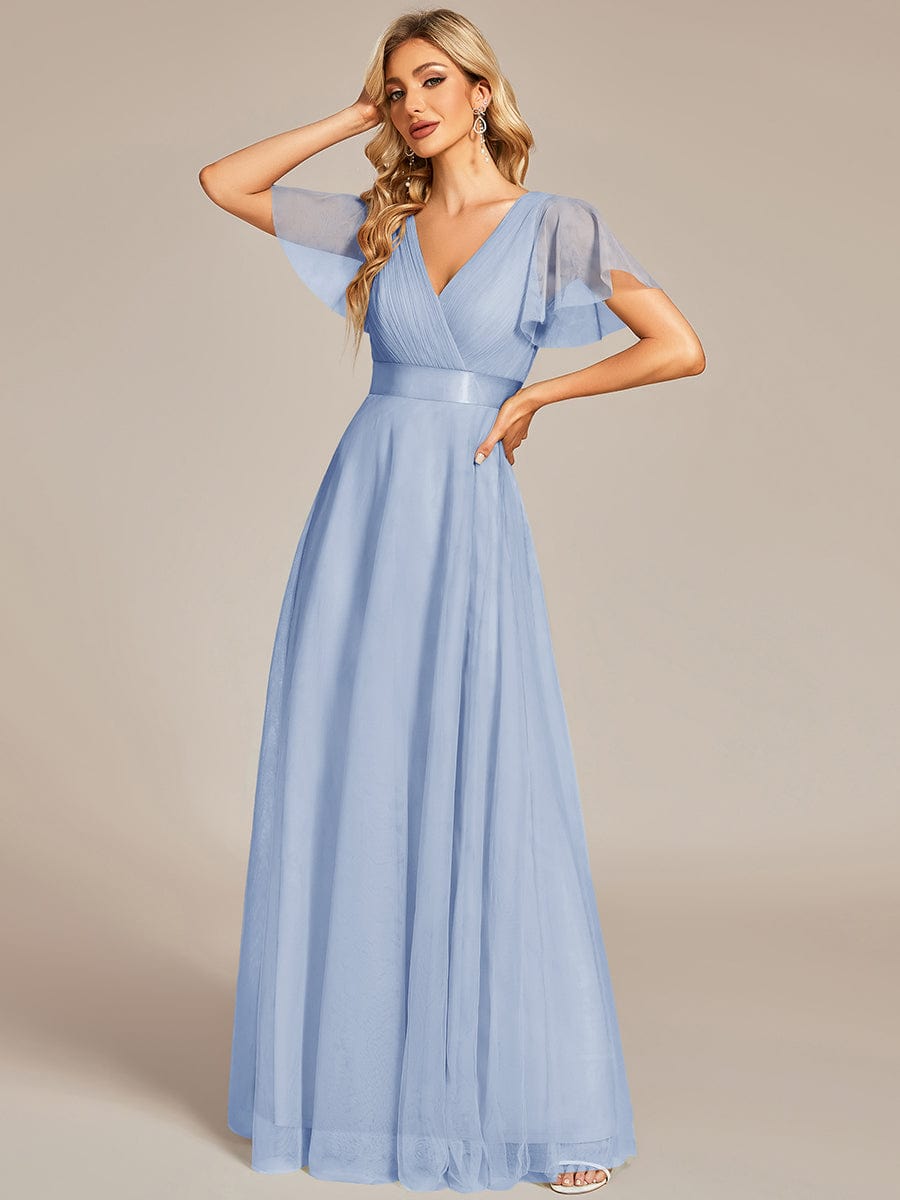 Robe D'invité De Mariage En Mousseline De Soie Mi-Longue Plissée à Manches à Volants Et Col En V #Couleur_Bleu Glace