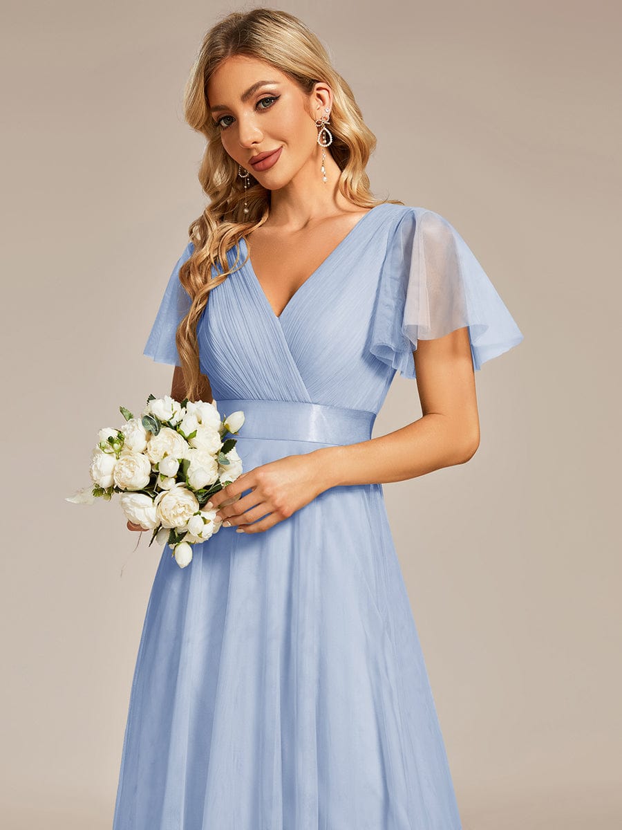 Robe D'invité De Mariage En Mousseline De Soie Mi-Longue Plissée à Manches à Volants Et Col En V #Couleur_Bleu Glace