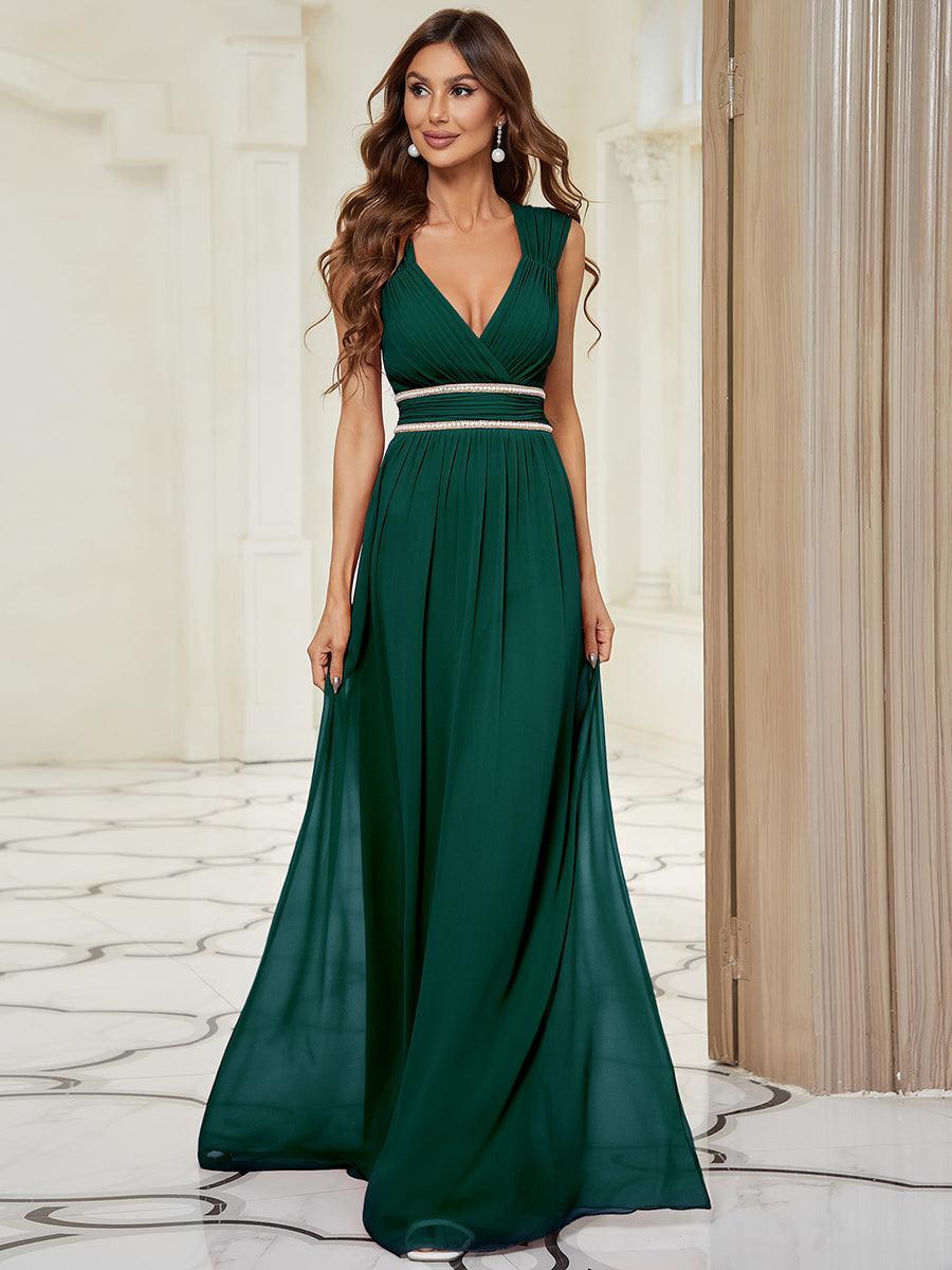 Robe longue de demoiselle d'honneur froncée à col en V #Couleur_Vert Fonce