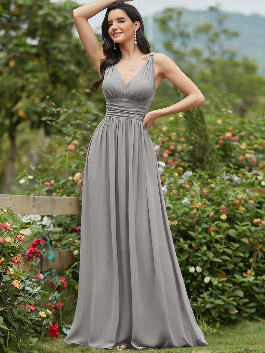 Col V sans manches plissé chiffon robe de soirée #Couleur_Gris