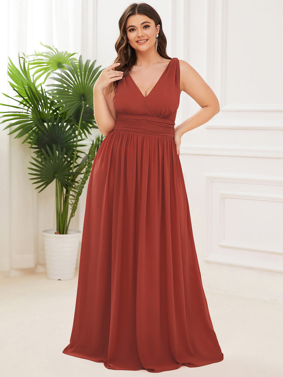 Robe de demoiselle d'honneur en mousseline à col en V #Couleur_Vermillon