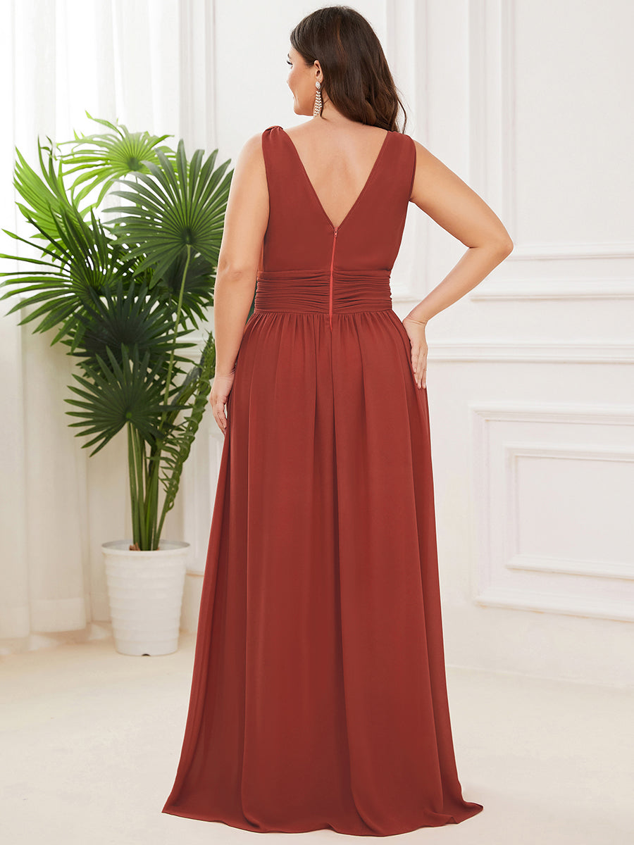 Robe de demoiselle d'honneur en mousseline à col en V #Couleur_Vermillon