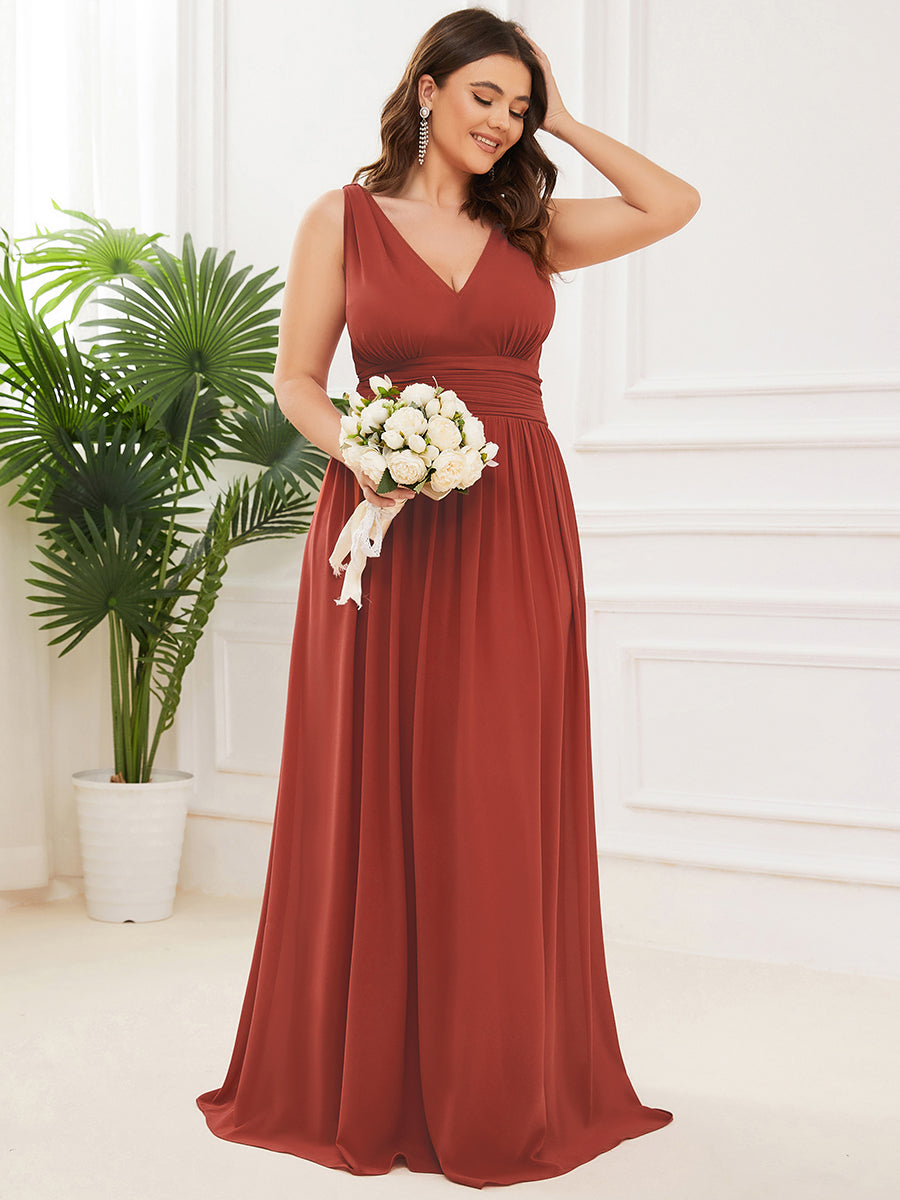 Robe de demoiselle d'honneur en mousseline à col en V #Couleur_Vermillon