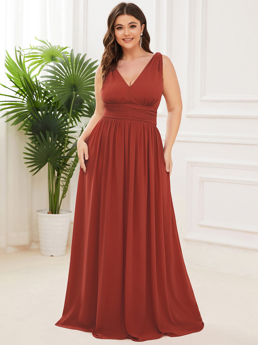 Robe de demoiselle d'honneur en mousseline à col en V #Couleur_Vermillon