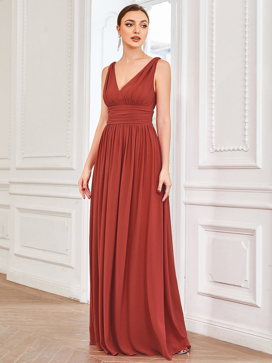 Robe de demoiselle d'honneur en mousseline à col en V #Couleur_Vermillon
