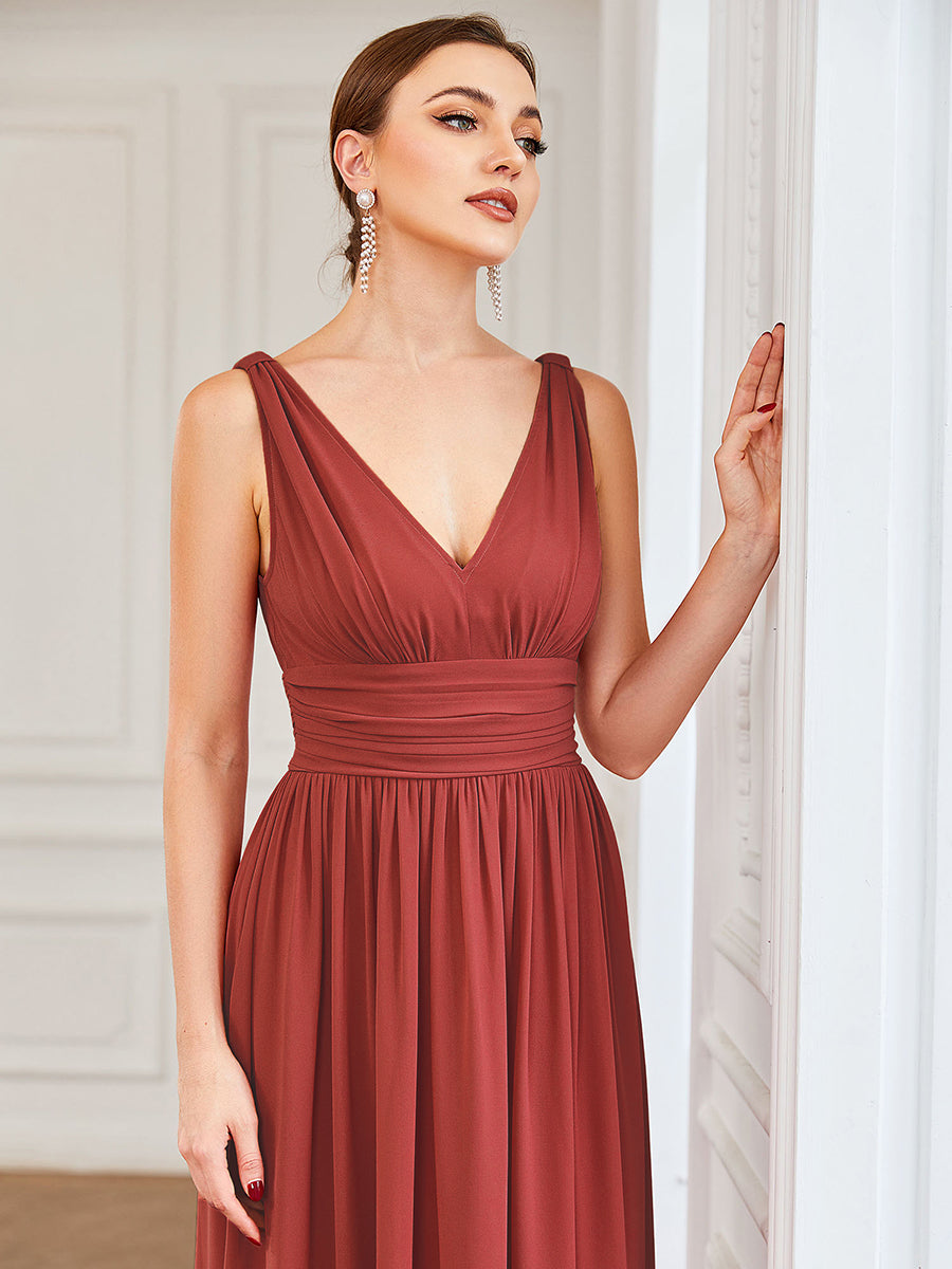 Robe de demoiselle d'honneur en mousseline à col en V #Couleur_Vermillon