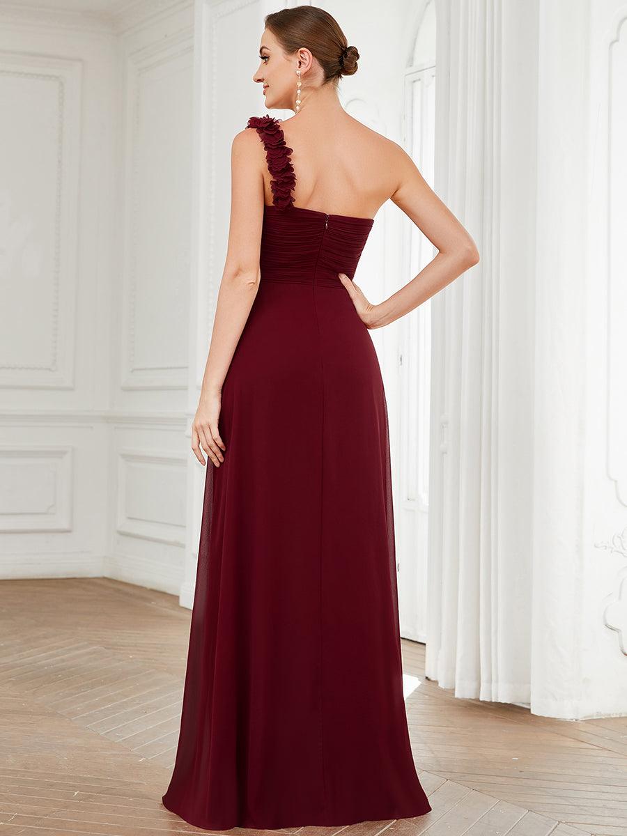 Robe de demoiselle d'honneur longue à une épaule et coupe trapèze #Couleur_Bordeaux