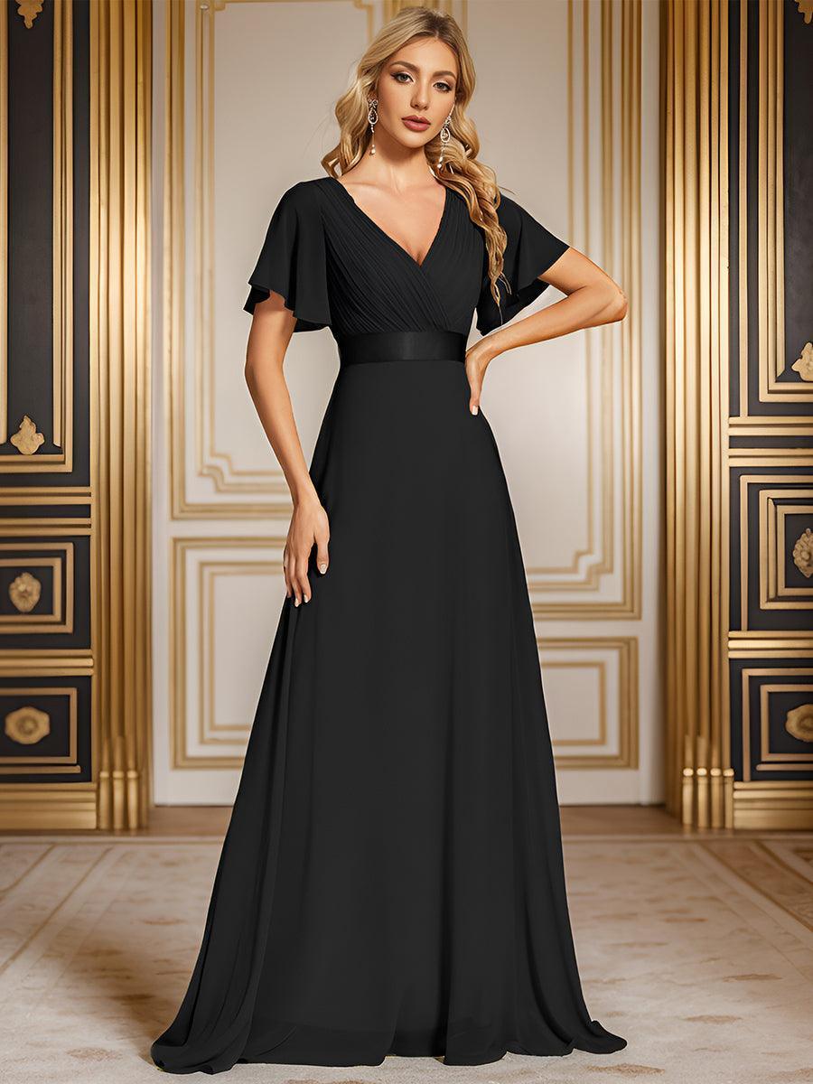 Robe mariage invitée fluide élégante en mousseline à taille haute #Couleur_Noir