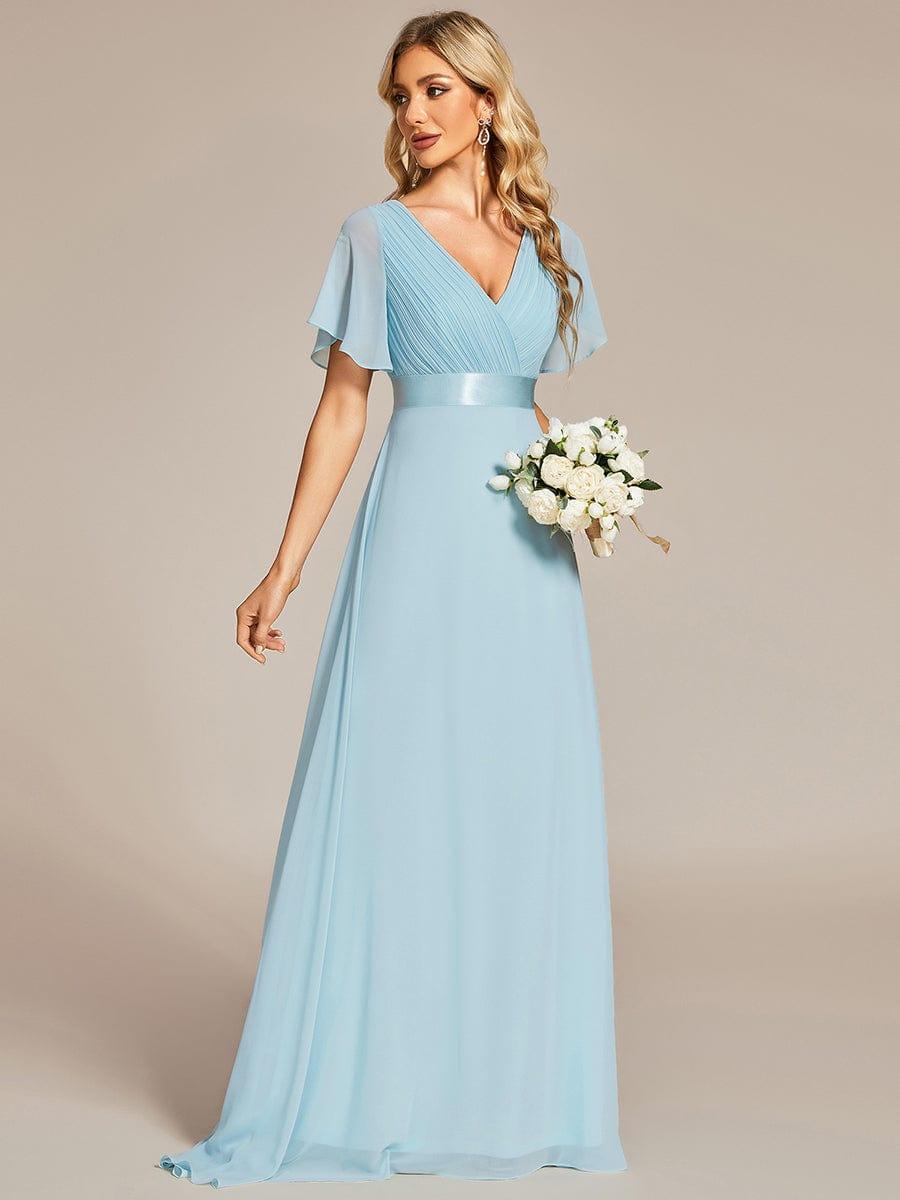 Robe mariage invitée fluide élégante en mousseline à taille haute #Couleur_Bleu Ciel