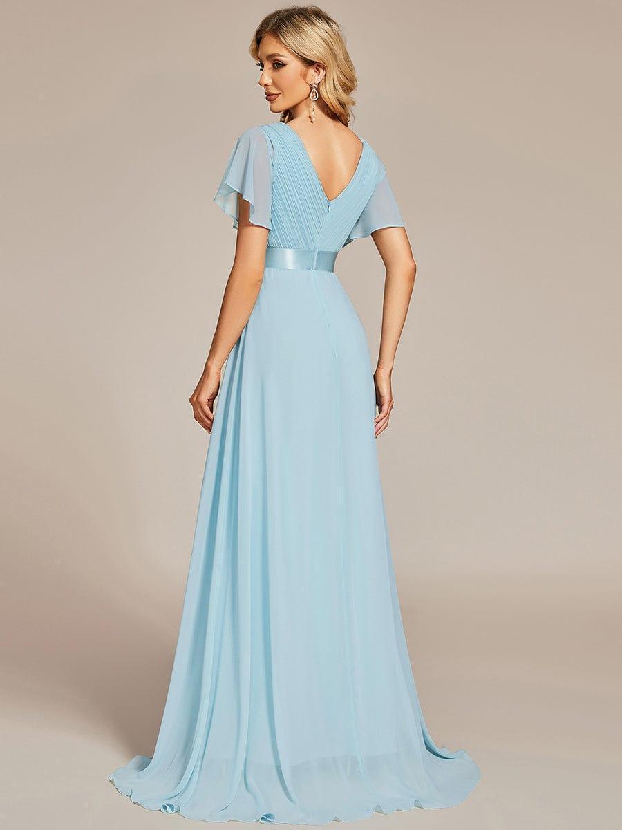 Robe mariage invitée fluide élégante en mousseline à taille haute #Couleur_Bleu Ciel