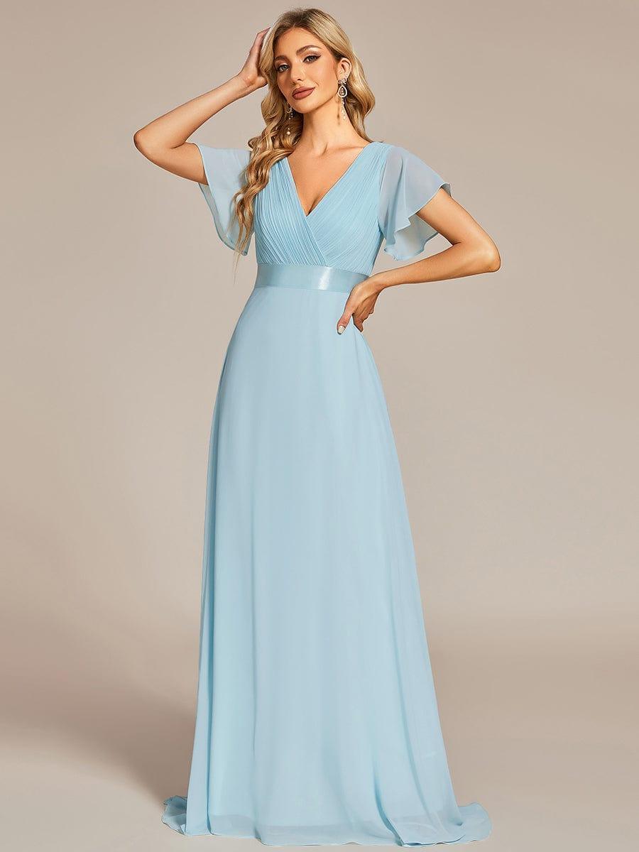 Robe mariage invitée fluide élégante en mousseline à taille haute #Couleur_Bleu Ciel
