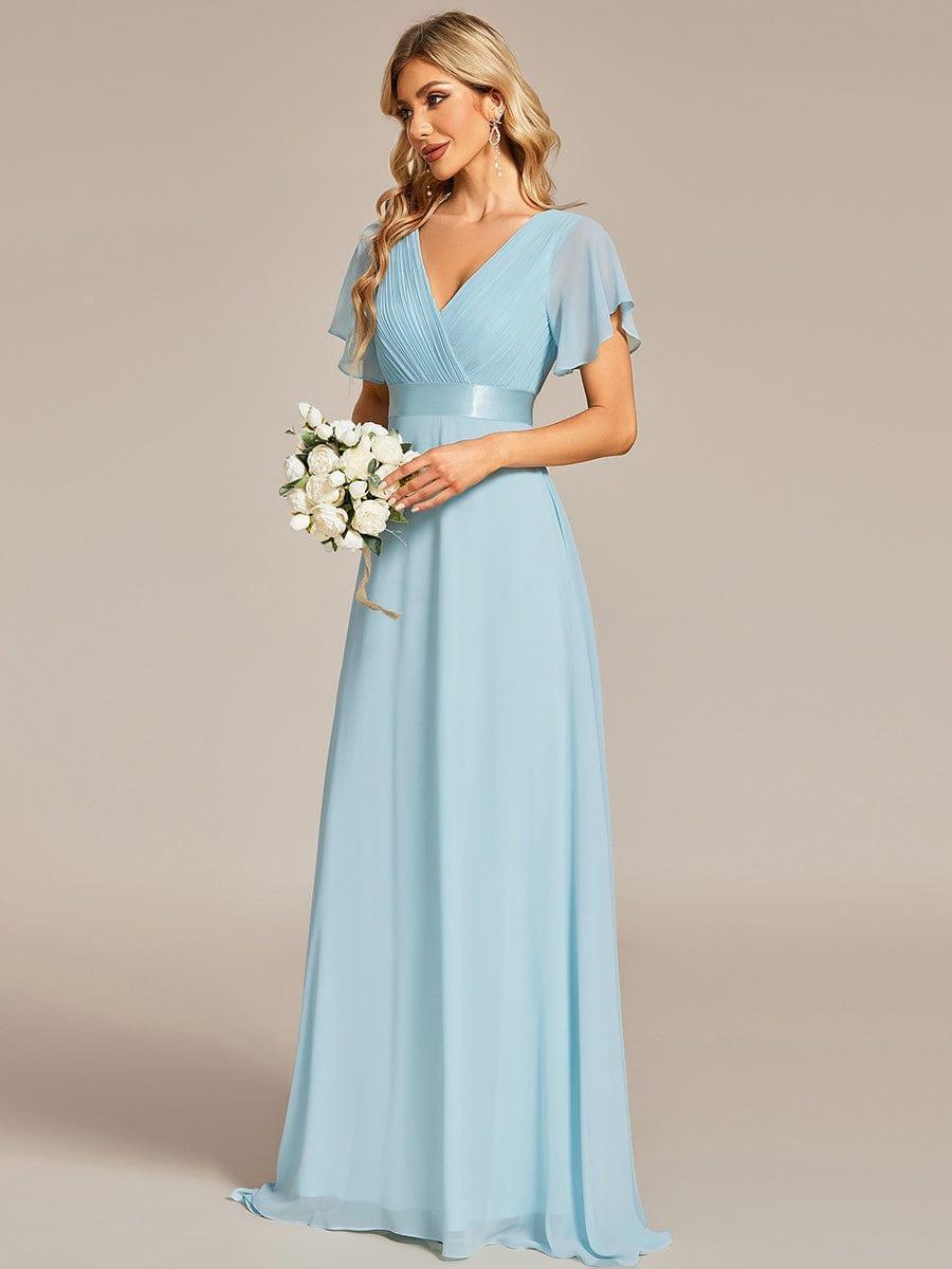 Robe mariage invitée fluide élégante en mousseline à taille haute #Couleur_Bleu Ciel