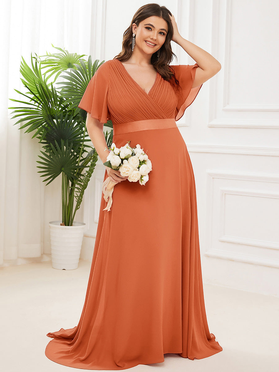 Robe de Soirée élégante en mousseline à taille haute et manches courtes #Couleur_Melon Ambré
