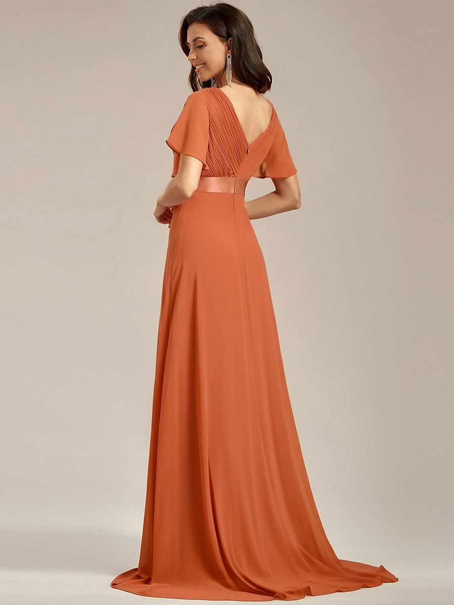 Robe mariage invitée fluide élégante en mousseline à taille haute #Couleur_Melon Ambré