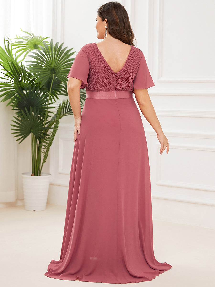 Robe de Soirée élégante en mousseline à taille haute et manches courtes #Couleur_Rose corail
