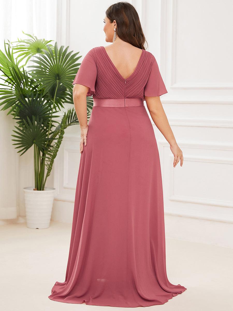Robe Demoiselle d'Honneur Longue en Mousseline à Col en V #Couleur_Rose corail