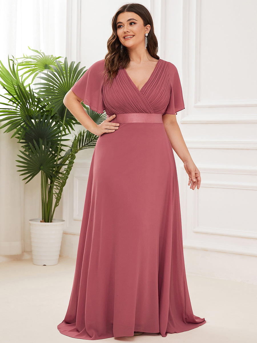 Robe de Soirée élégante en mousseline à taille haute et manches courtes #Couleur_Rose corail
