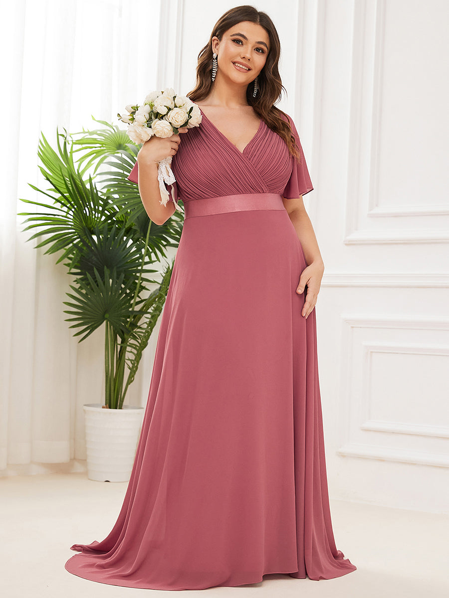 Robe de Soirée élégante en mousseline à taille haute et manches courtes #Couleur_Rose corail