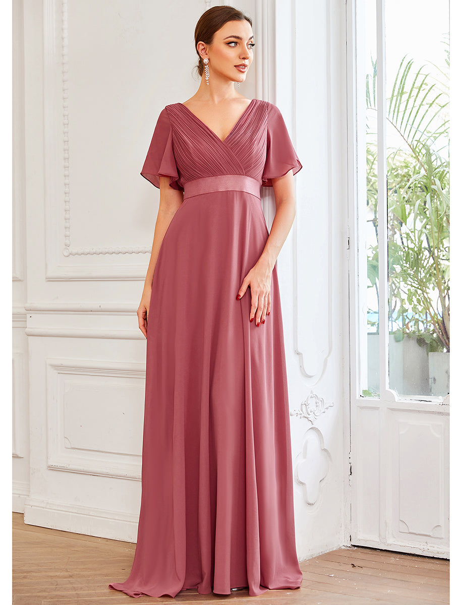 Robe de Soirée élégante en mousseline à taille haute et manches courtes #Couleur_Rose corail