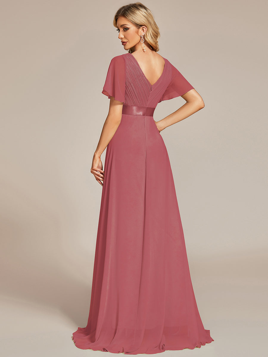 Robe de Soirée élégante en mousseline à taille haute et manches courtes #Couleur_Rose corail