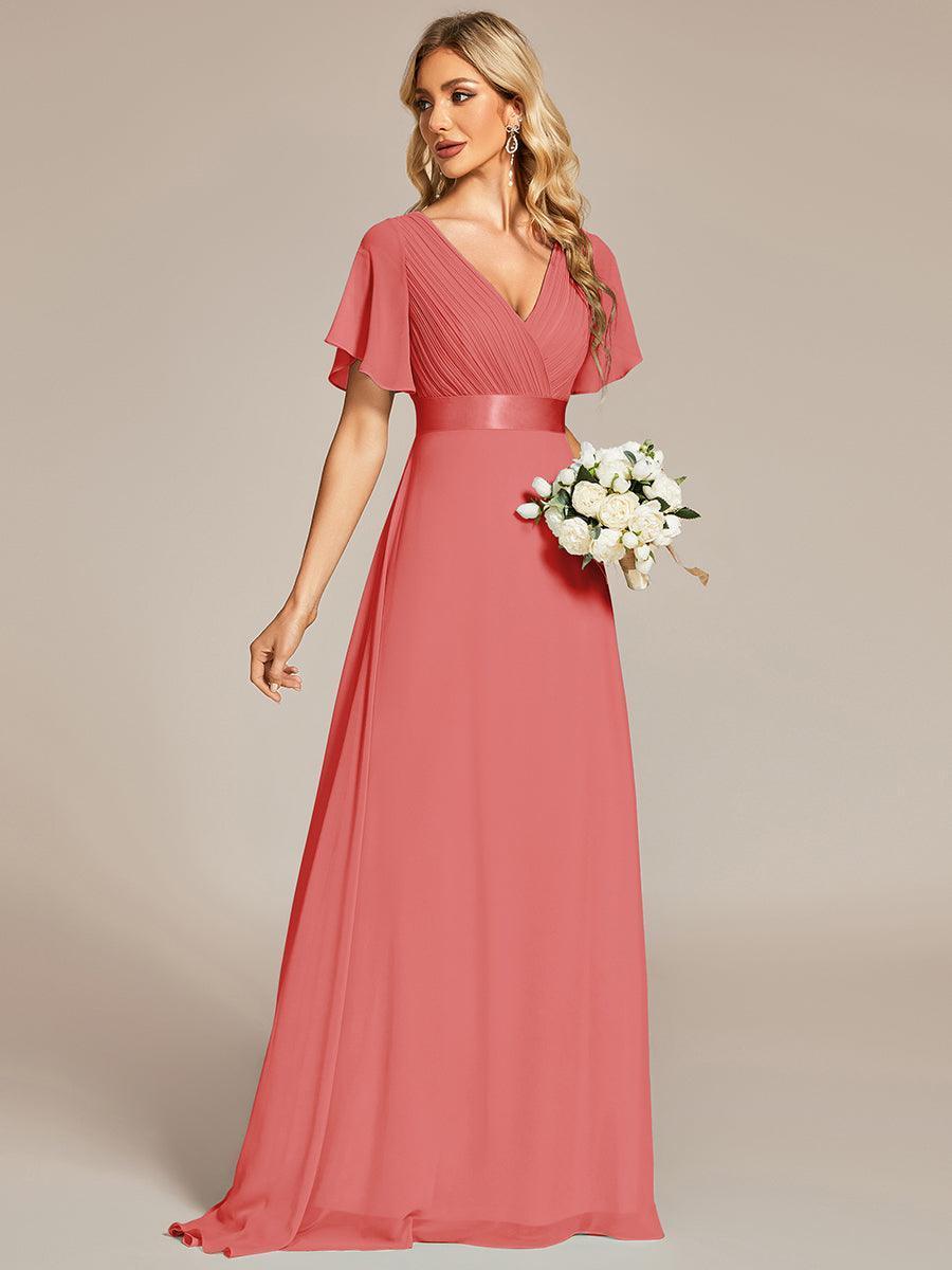 Robe mariage invitée fluide élégante en mousseline à taille haute #Couleur_Corail