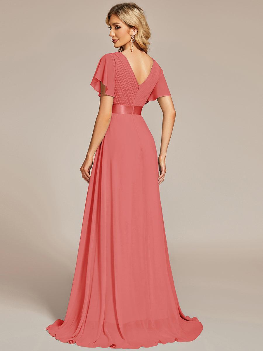 Robe mariage invitée fluide élégante en mousseline à taille haute #Couleur_Corail
