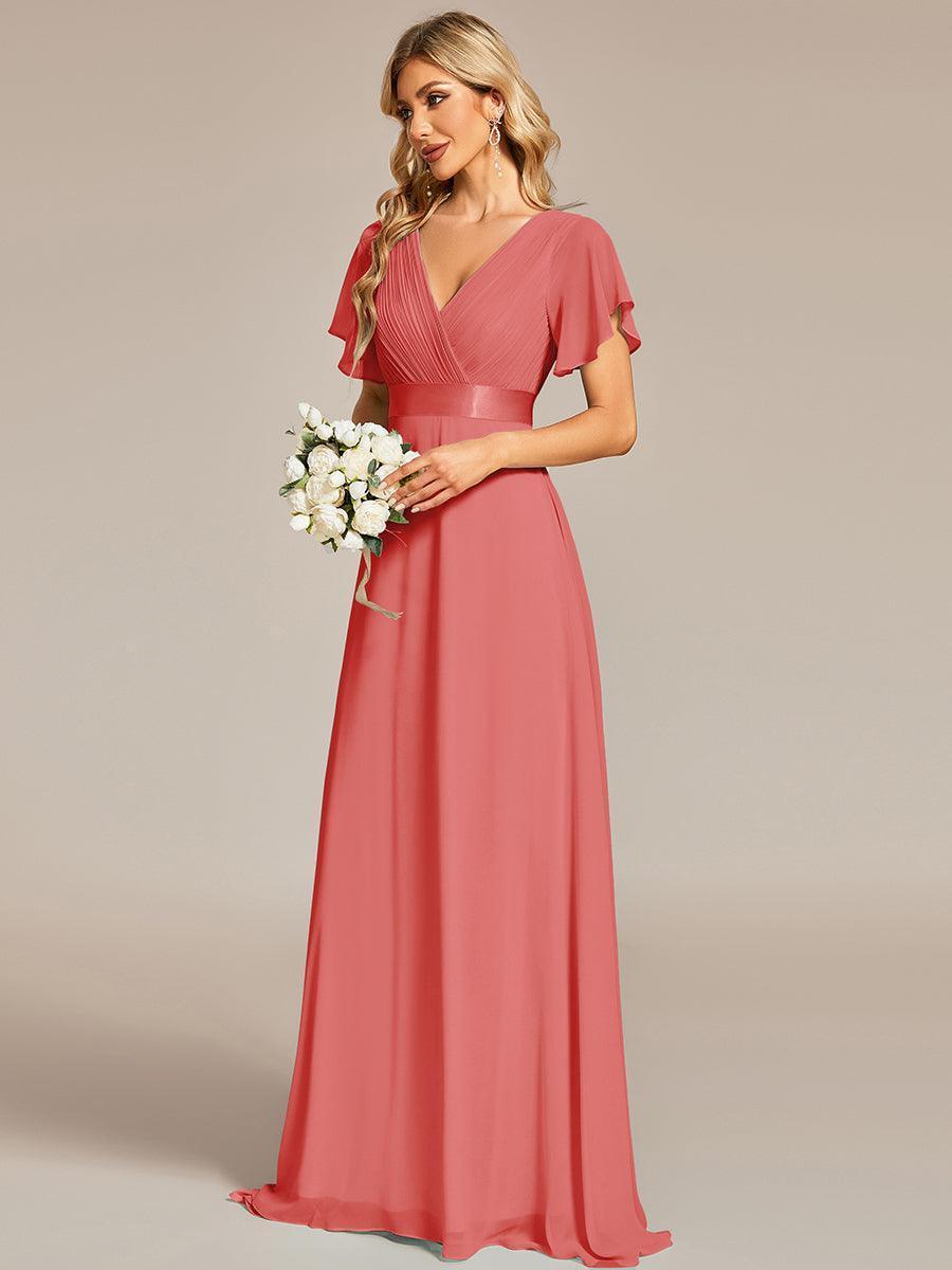 Robe mariage invitée fluide élégante en mousseline à taille haute #Couleur_Corail