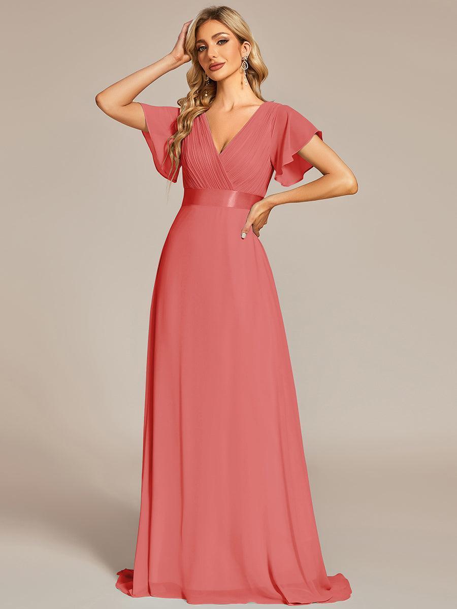 Robe mariage invitée fluide élégante en mousseline à taille haute #Couleur_Corail