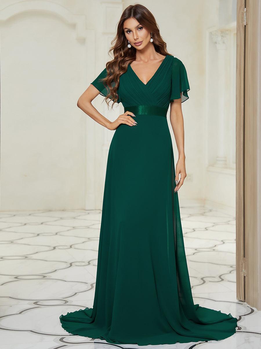 Robe mariage invitée fluide élégante en mousseline à taille haute #Couleur_Vert Fonce