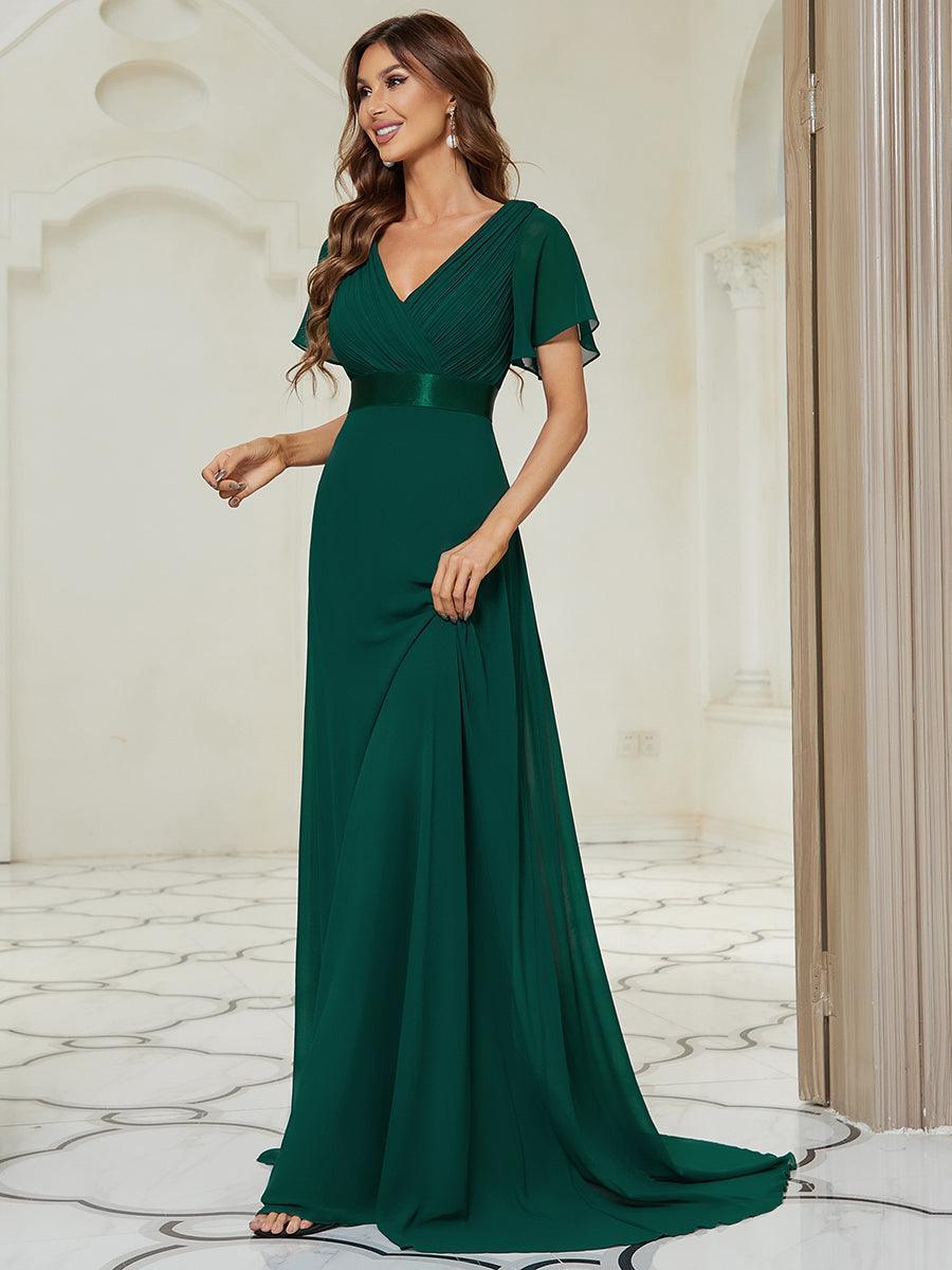 Robe mariage invitée fluide élégante en mousseline à taille haute #Couleur_Vert Fonce
