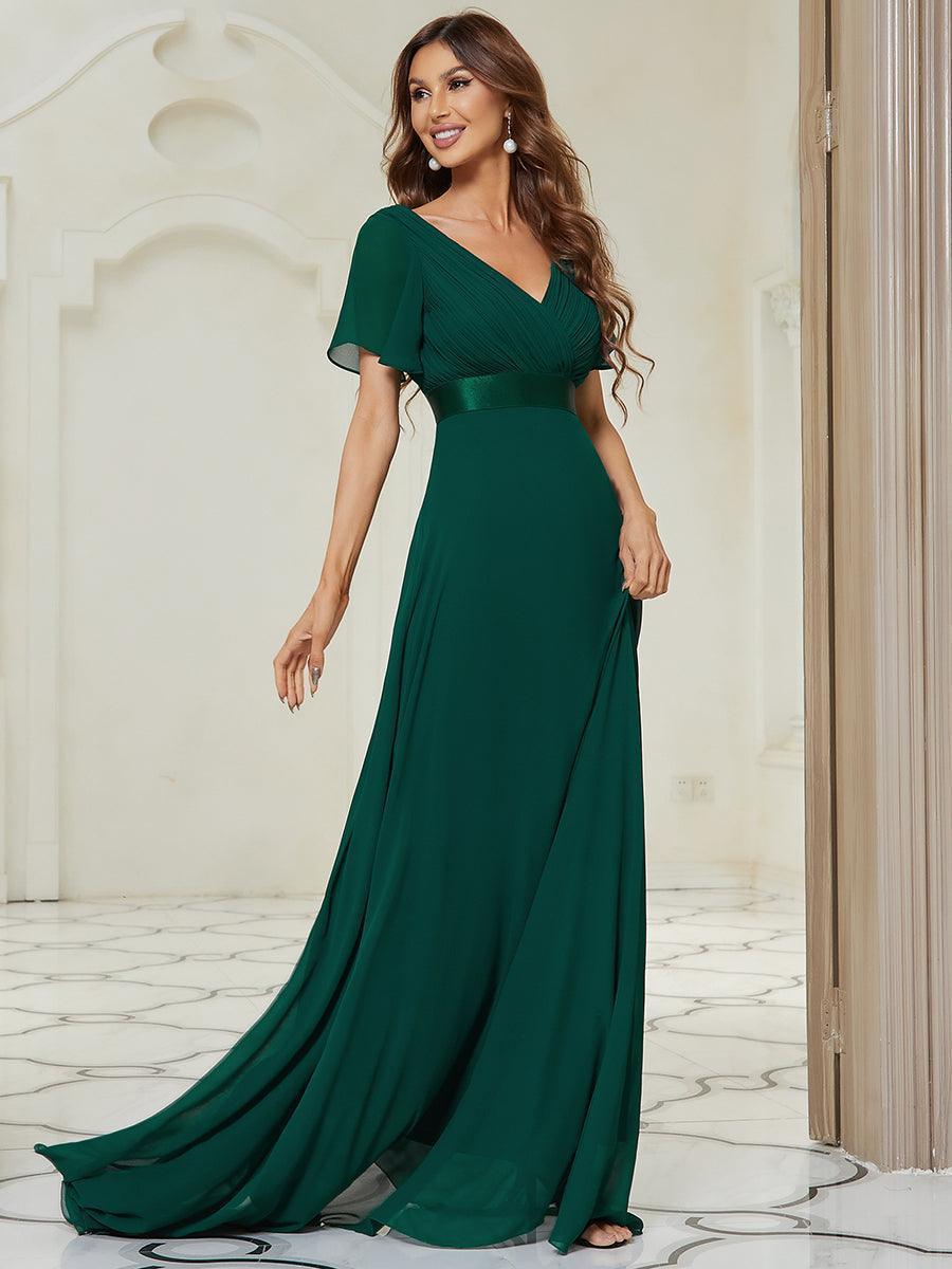 Robe mariage invitée fluide élégante en mousseline à taille haute #Couleur_Vert Fonce