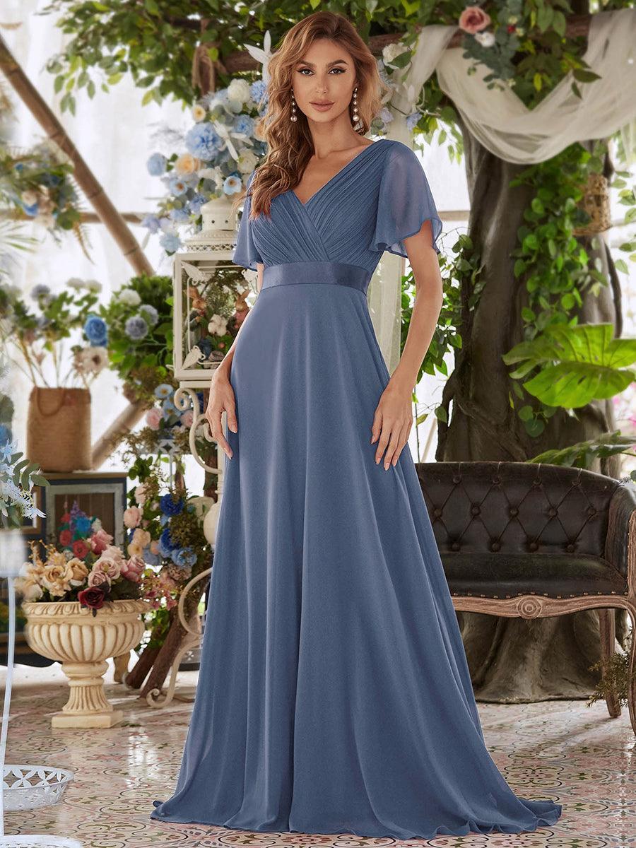 Taille personnalisée Robe de demoiselle d'honneur longue manches courtes #Couleur_Marine Fume