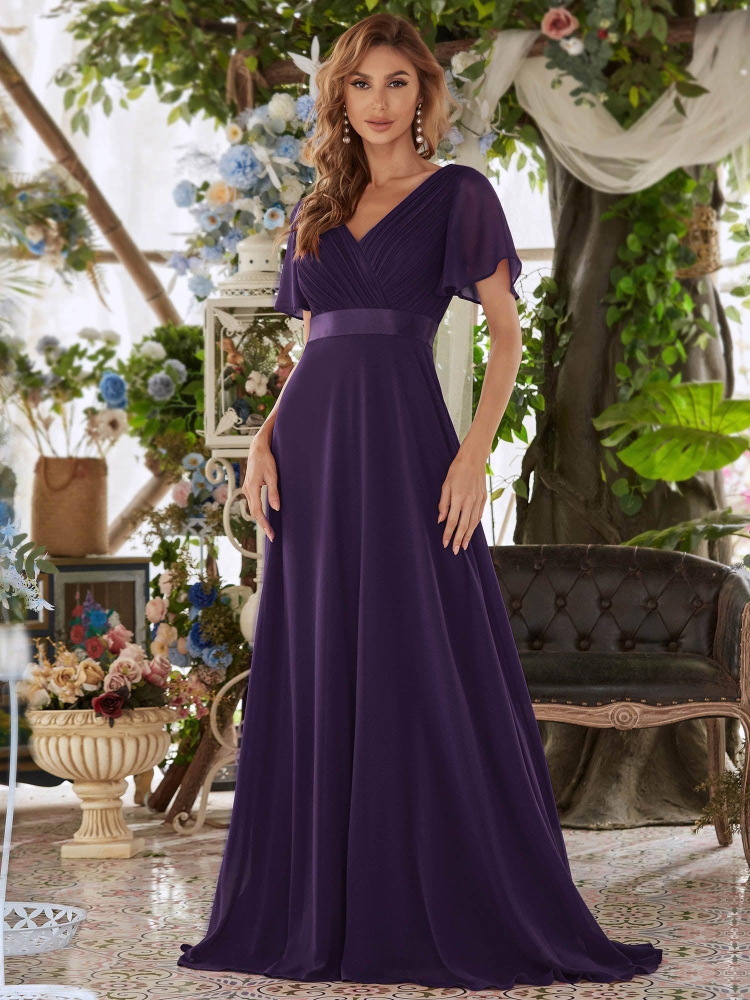 Robe mariage invitée fluide élégante en mousseline à taille haute #Couleur_Violet Fonce