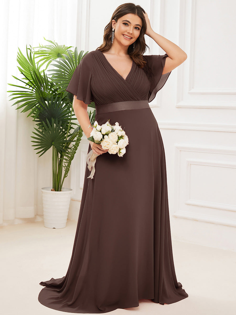 Robe mariage invitée fluide élégante en mousseline à taille haute #Couleur_Marron Espresso
