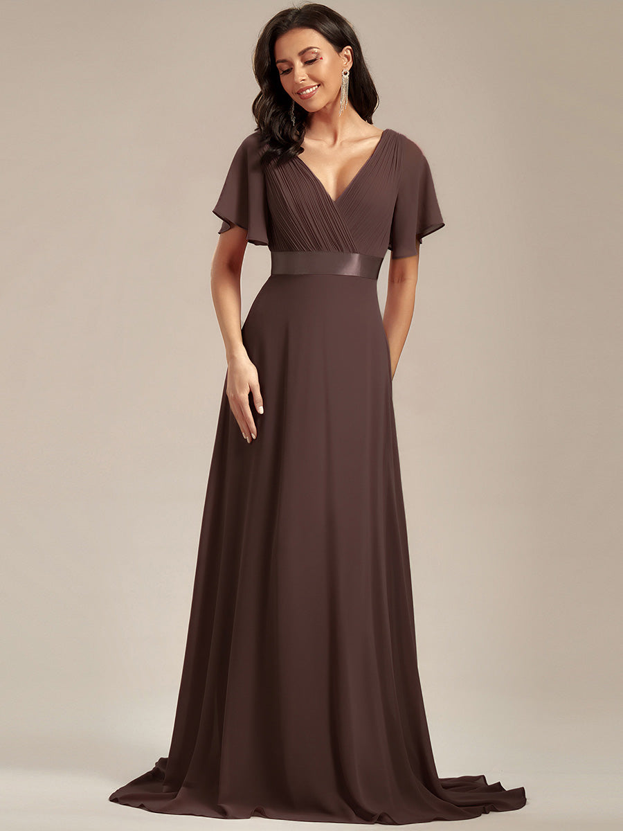 Robe mariage invitée fluide élégante en mousseline à taille haute #Couleur_Marron Espresso