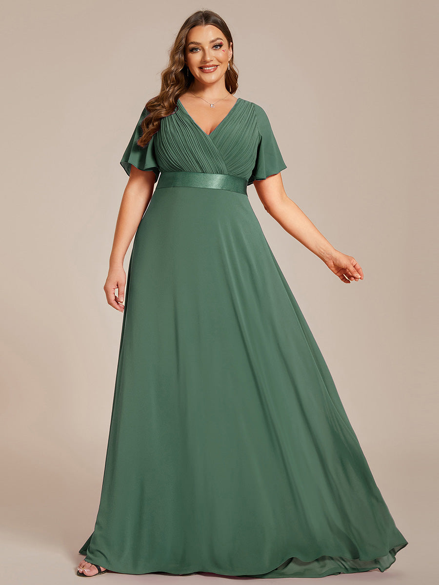 Robe D'invité De Mariage En Mousseline De Soie Mi-Longue Plissée à Manches à Volants Et Col En V #Couleur_Eucalyptus