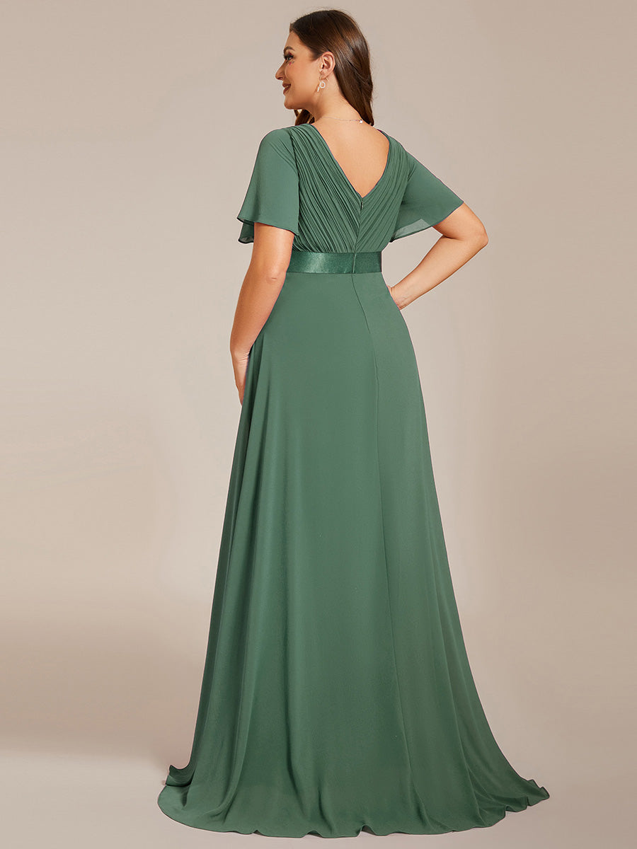 Robe D'invité De Mariage En Mousseline De Soie Mi-Longue Plissée à Manches à Volants Et Col En V #Couleur_Eucalyptus