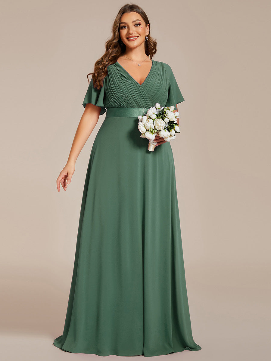 Robe D'invité De Mariage En Mousseline De Soie Mi-Longue Plissée à Manches à Volants Et Col En V #Couleur_Eucalyptus