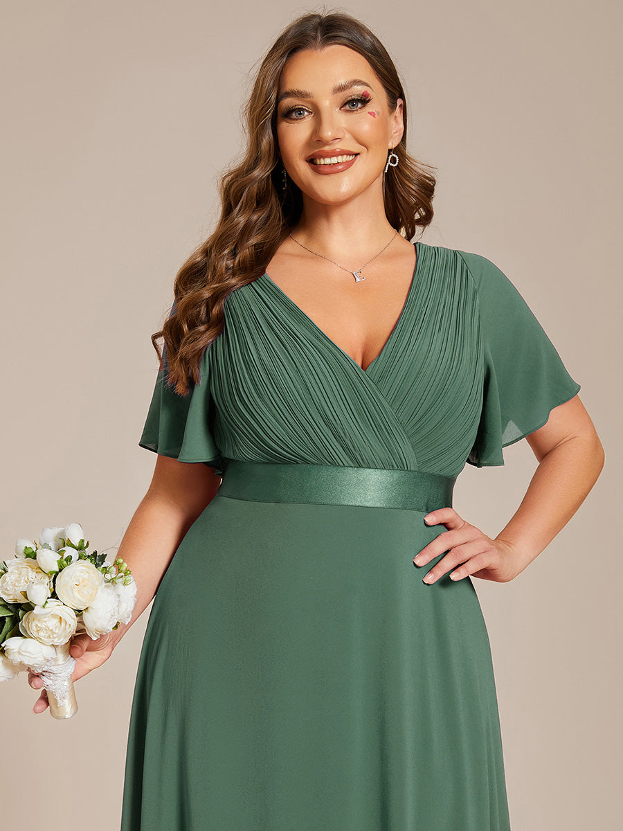 Robe D'invité De Mariage En Mousseline De Soie Mi-Longue Plissée à Manches à Volants Et Col En V #Couleur_Eucalyptus