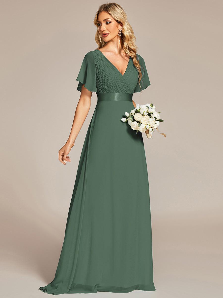 Robe D'invité De Mariage En Mousseline De Soie Mi-Longue Plissée à Manches à Volants Et Col En V #Couleur_Eucalyptus