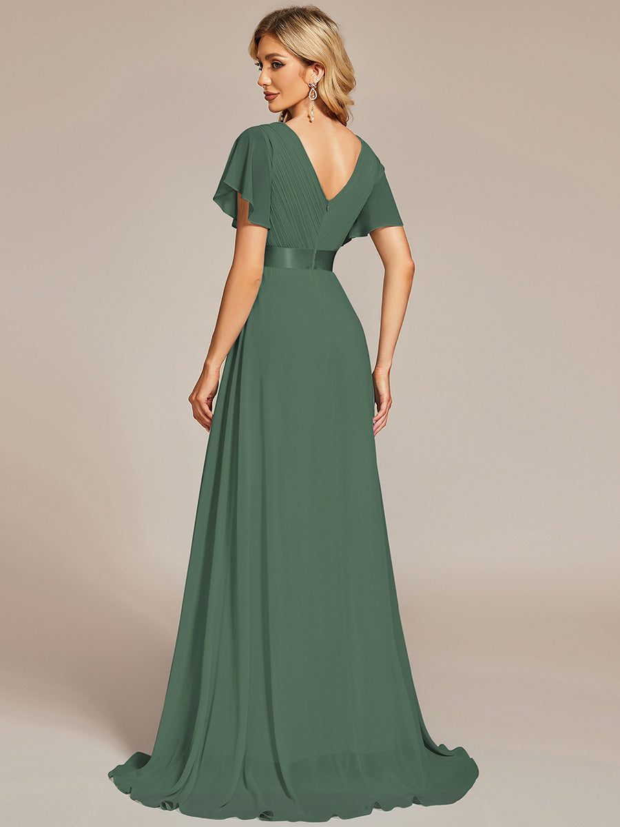 Robe D'invité De Mariage En Mousseline De Soie Mi-Longue Plissée à Manches à Volants Et Col En V #Couleur_Eucalyptus