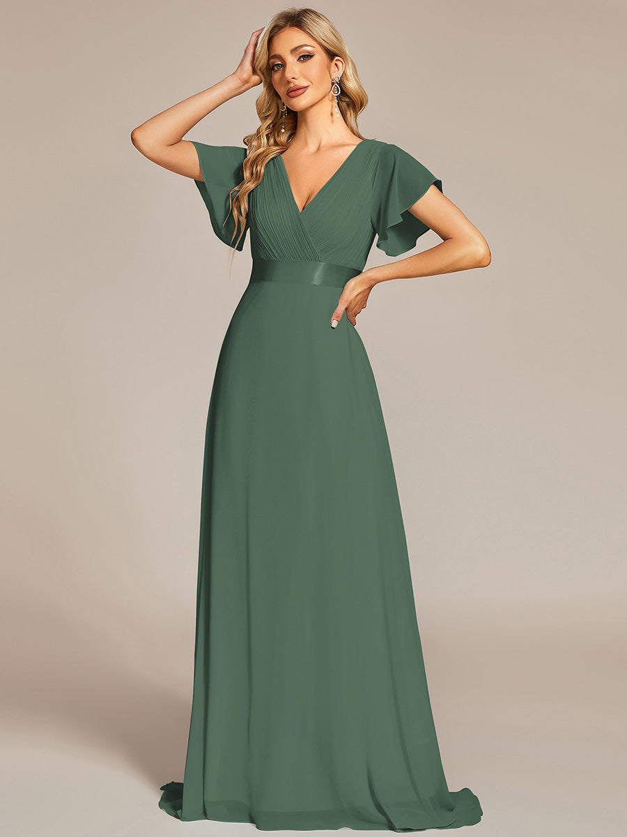 Robe D'invité De Mariage En Mousseline De Soie Mi-Longue Plissée à Manches à Volants Et Col En V #Couleur_Eucalyptus