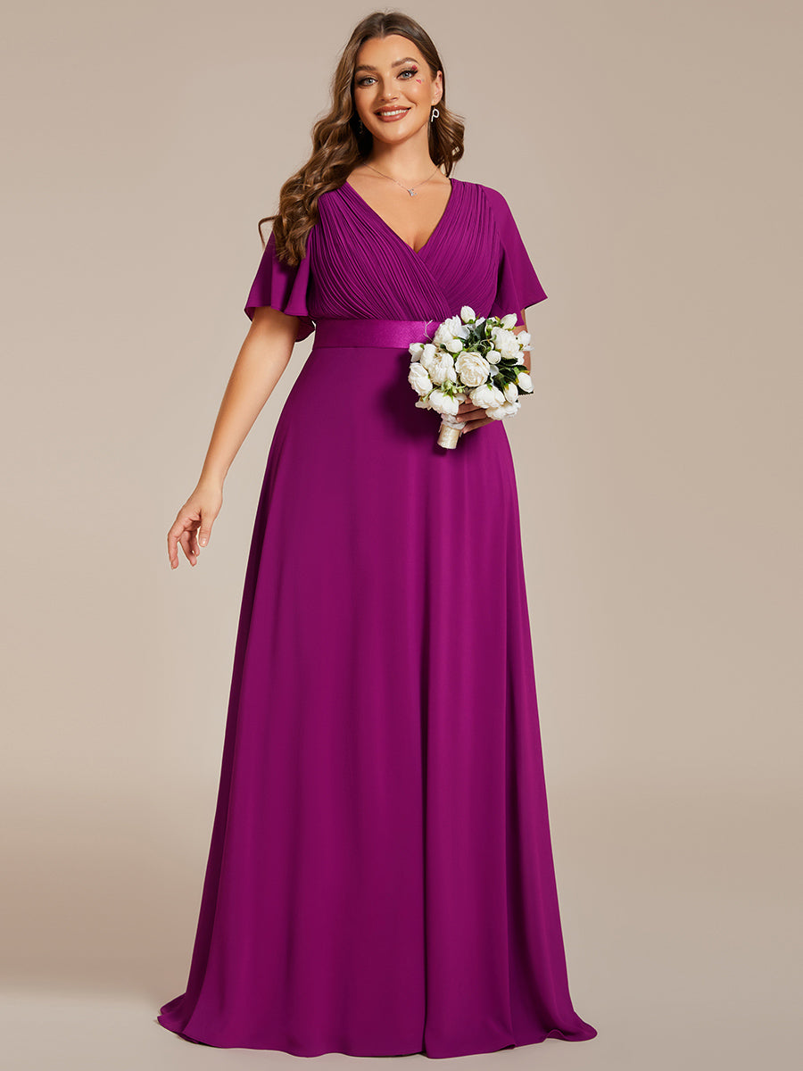 Robe de Soirée élégante en mousseline à taille haute et manches courtes #Couleur_Fuchsia