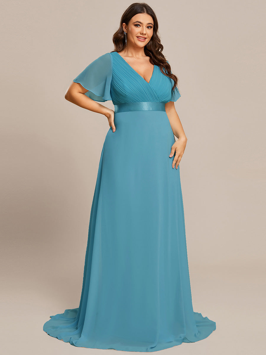 Robe de Soirée élégante en mousseline à taille haute et manches courtes #Couleur_Bleu Jade