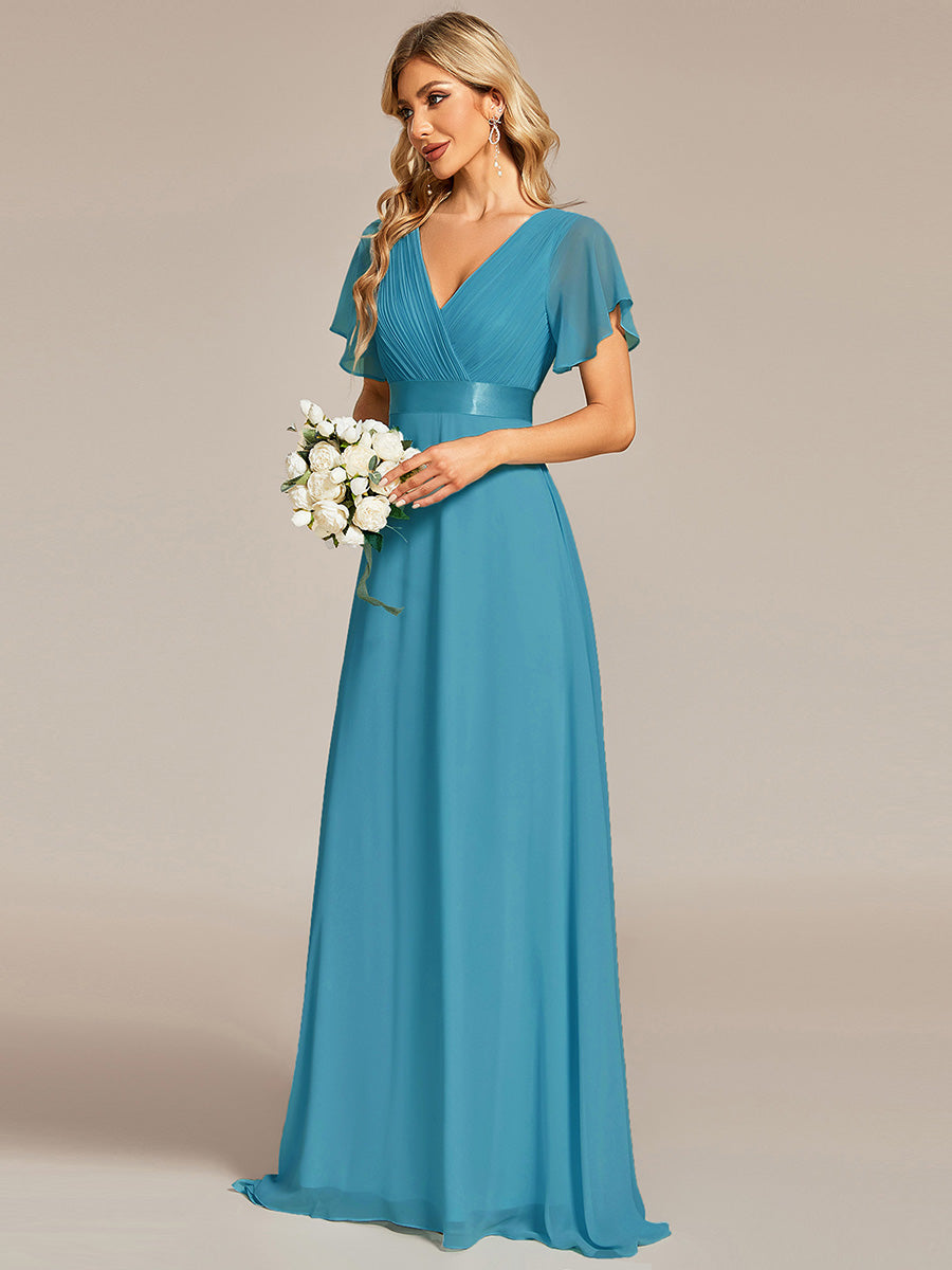 Robe de Soirée élégante en mousseline à taille haute et manches courtes #Couleur_Bleu Jade