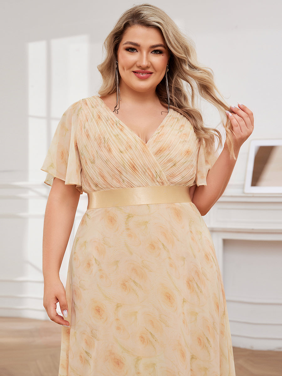 Robe de Soirée élégante en mousseline à taille haute et manches courtes #Couleur_Roses Dorées