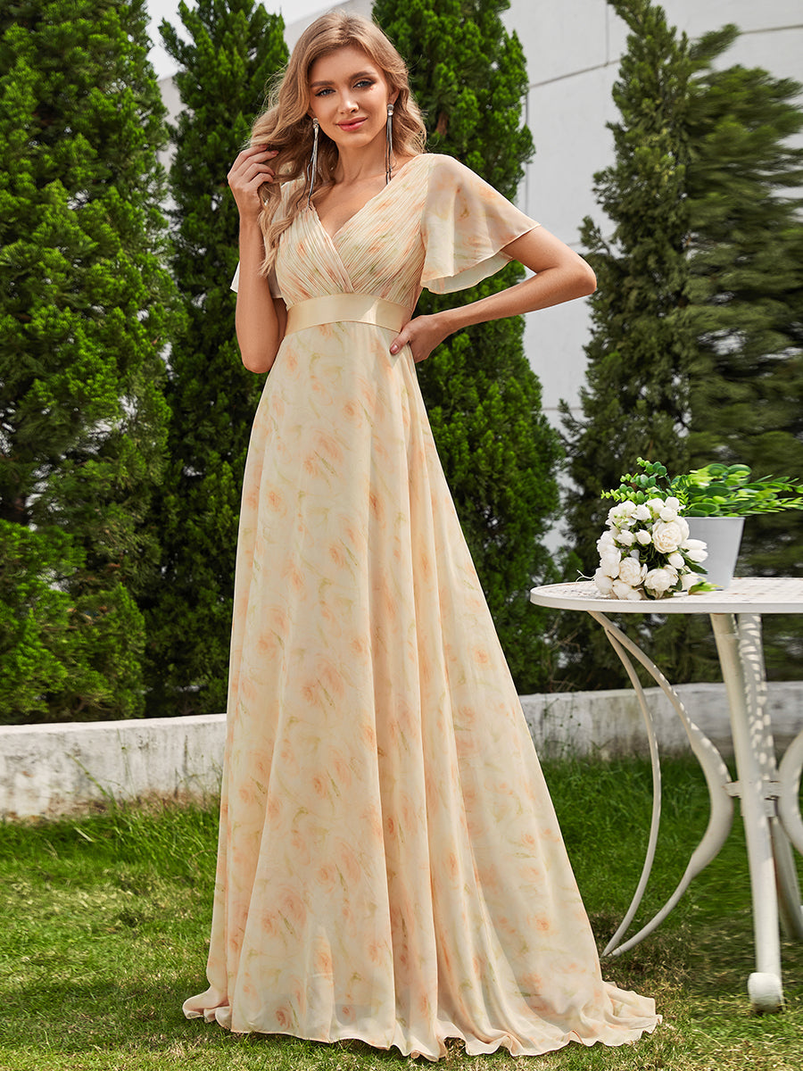 Robe de Soirée élégante en mousseline à taille haute et manches courtes #Couleur_Roses Dorées