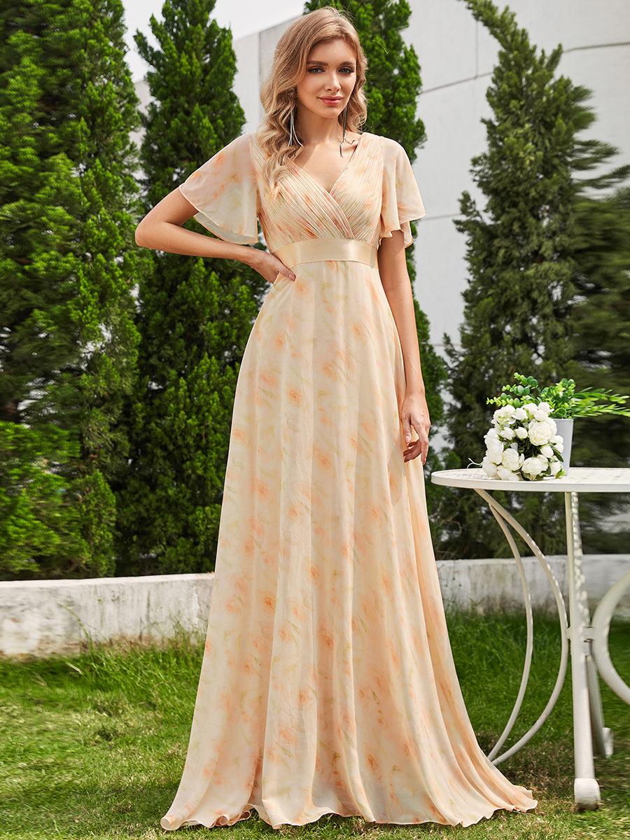 Robe de Soirée élégante en mousseline à taille haute et manches courtes #Couleur_Roses Dorées